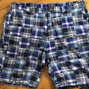 Brooks Brothers Madras -Blue, Green & White Plaid Flat Front Shorts size 42